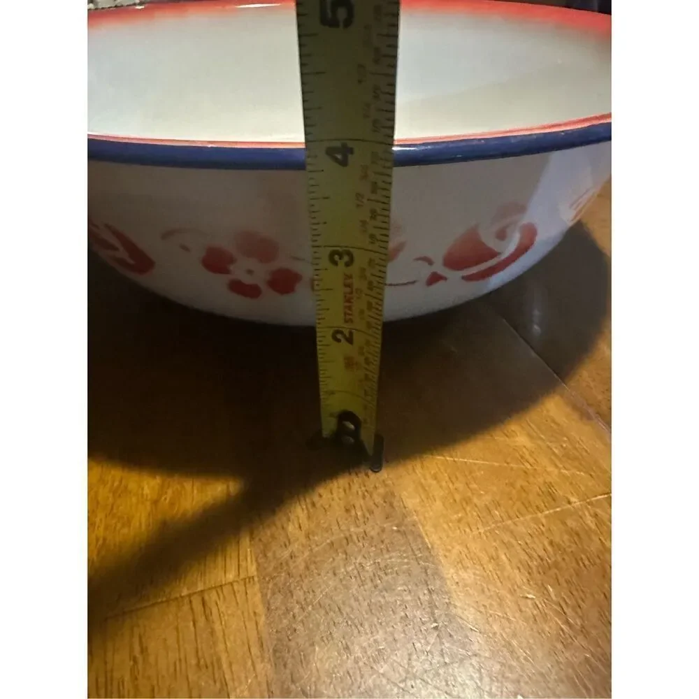 Vintage Large Floral Pattern Enamel Tin Serving Bowl Retro 12.5” repurposed